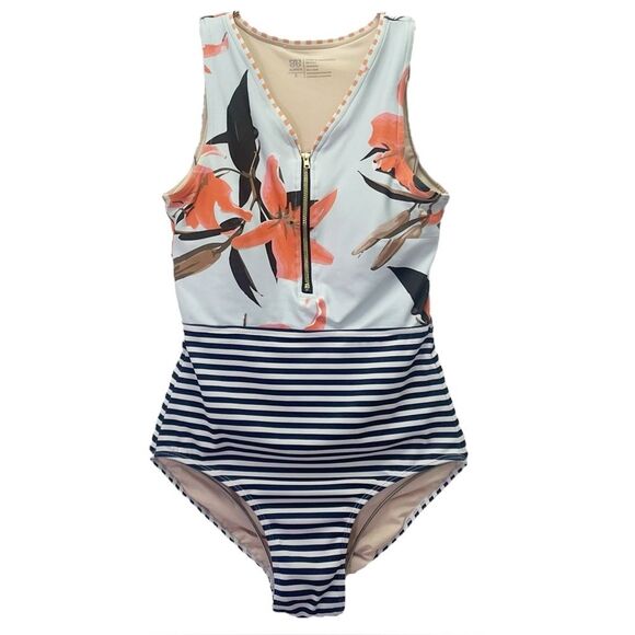 Albion Bombshell Seaglass One Piece Swimsuit Size Small Floral Stripe Zip Front - Picture 2 of 13